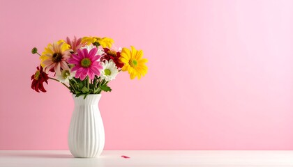 Fototapeta premium Colorful flowers in white vase on a white surface with pink backdrop