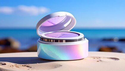 Holographic cosmetic compact open on sand, with blue ocean and sky background