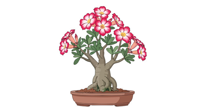 Vibrant desert rose illustration showcasing pink and white blossoms and a distinctive thick trunk in a pot