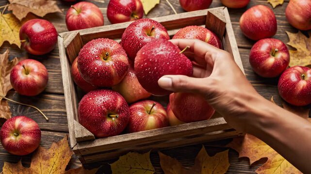 Top-down view of hand selecting red apple from wooden crate. Autumn harvest picking fresh fruit surrounded by fallen leaves. Natural seasonal foraging concept for fall produce gathering.