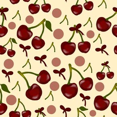 Seamless cherry pattern with red cherries, bows and polka dots on warm cream background. Cute vintage fruit wallpaper for fabric, wrapping paper, packaging, stationery and decor.