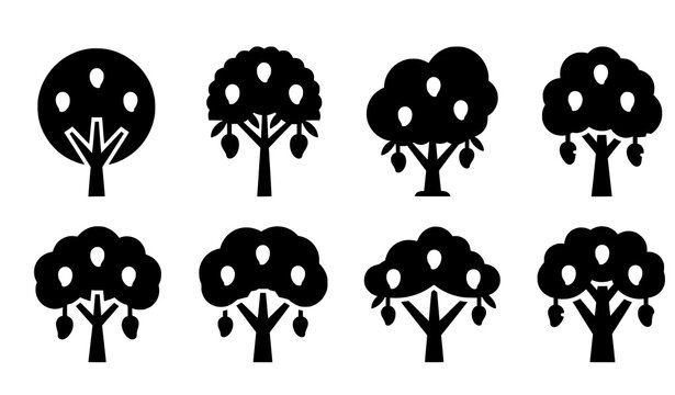 Isolated mango tree silhouette icon set in solid black vector style for tropical orchard nature and botanical symbol design