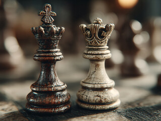 Fototapeta premium Two vintage chess piece kings, one dark wooden and one silver metallic, stand face-to-face on a chessboard, symbolizing a classic match or game.