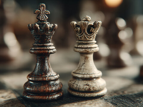 Two vintage chess piece kings, one dark wooden and one silver metallic, stand face-to-face on a chessboard, symbolizing a classic match or game.