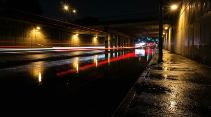 Fototapeta premium Nighttime tunnel scene with vehicle motion and illuminated walls