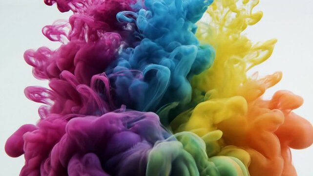Vibrant rainbow ink cloud in water, abstract color explosion for creative backgrounds and motion graphics, joyful pride month vibe with swirling pigment plumes