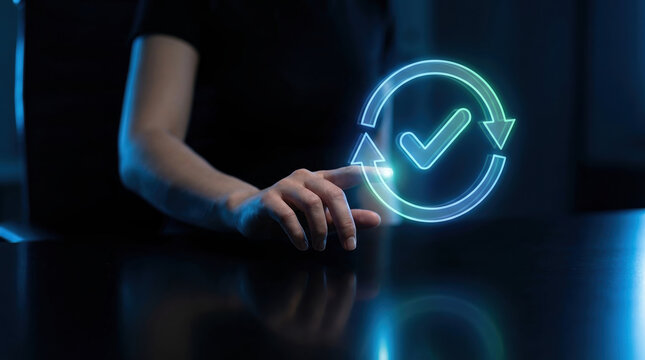 software update process complete verification technology innovation business hand touching digital hologram interface for system success and optimized technical workflow management