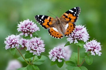 Obraz premium Painted Lady butterfly flying over purple mint flowers