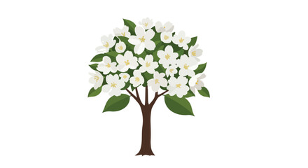 Obraz premium Vibrant illustration of a blooming tree adorned with delicate white flowers and lush green foliage on a pristine background, symbolizing serenity