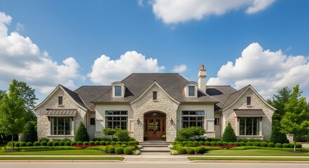 Luxury Stone House Exterior With Manicured Lawn and Landscaping Under a Bright Sky