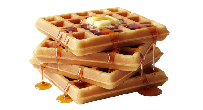 Stack of golden waffles with butter and syrup isolated PNG, delicious breakfast dessert on transparent background for food design