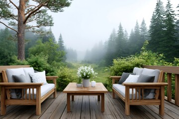Fototapeta premium Wooden deck furniture on foggy forest morning