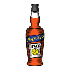 Aperol Spritz bottle: vector color illustration, hand-drawn in line art style. Colored sketch of a traditional Italian aperitif. Retro engraving depicting the alcoholic orange drink.