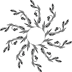 Circular black and white floral mandala with radiating branches, leaves, and small flowers creating a radial symmetrical pattern Keywords: mandala, circular