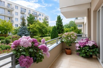 Naklejka premium Apartment balcony overlooking green courtyard with pink hydrangeas