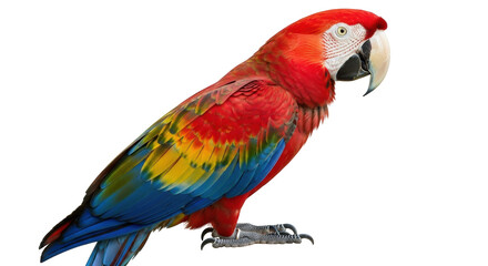 Obraz premium Scarlet macaw PNG isolated on transparent background, colorful parrot with red, yellow, and blue feathers, tropical bird for design projects