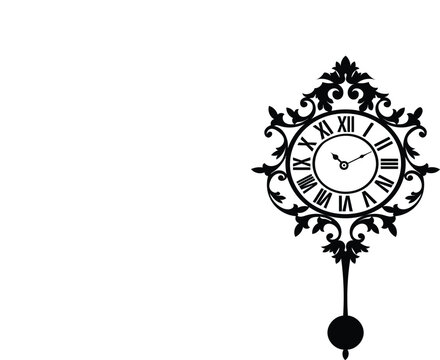 Decorative black silhouette of a pendulum clock with Roman numerals and ornate filigree framing Keywords: silhouette, clock, pendulum clock, Roman numerals