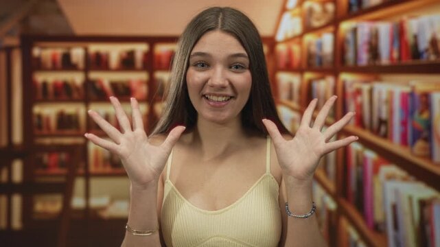Teenage girl smiles and spreads hands openly in front of bookshelves inside a library building; curiosity.