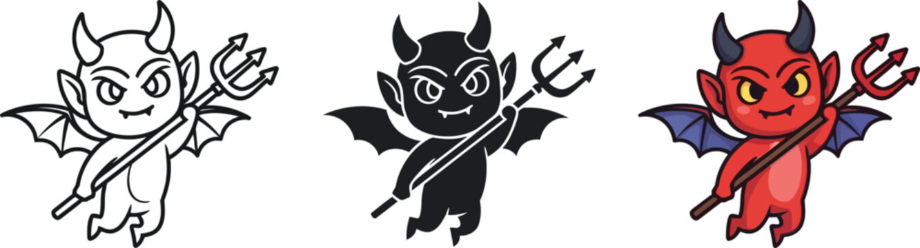 Cute devil characters in various colors with horns and pitchforks