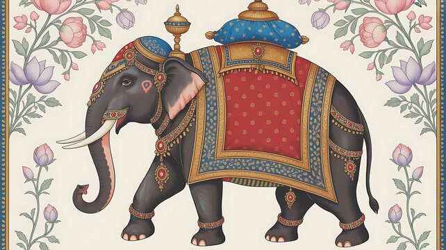 Indian mughal miniature painting style procession of sultans riding elephants

