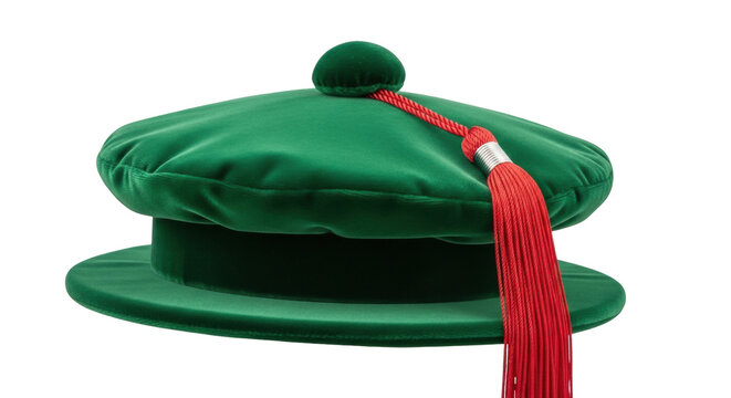 Emerald green Cambridge academic cap isolated PNG, doctoral bonnet with red tassel on transparent background for graduation design
