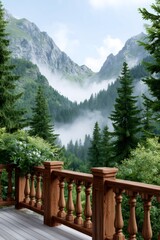 Fototapeta premium Wooden balcony overlooking misty mountain valley forest