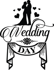 Obraz premium Wedding Day with silhouette of a couple embracing surrounded by hearts above script text and banner Keywords: wedding day, wedding, couple, silhouette