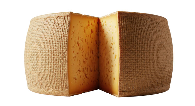 Wheel of artisanal cheese with a wedge cut out isolated PNG, hard cheese with holes on transparent background, dairy product for gourmet food