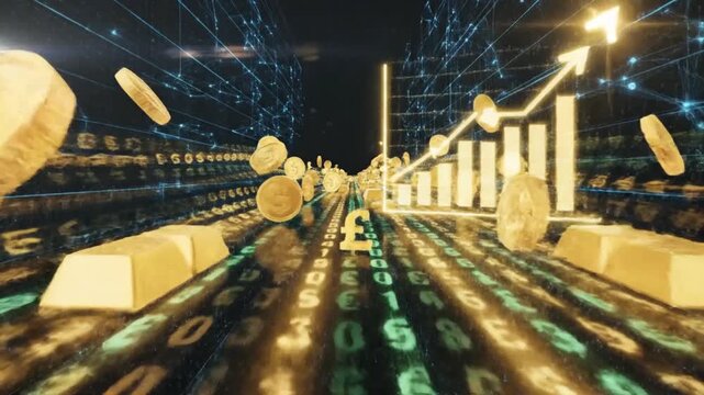 A 3D rendering of gold coins and bars with a bar graph rising on a background of binary code and blue circuit lines in a dark room with a sense of