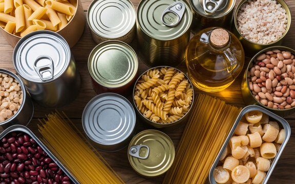 An assortment of non-perishable food items is arranged neatly on a rustic wooden surface. Canned beans, pasta, and oil provide a reliable stockpile for emergency preparedness.