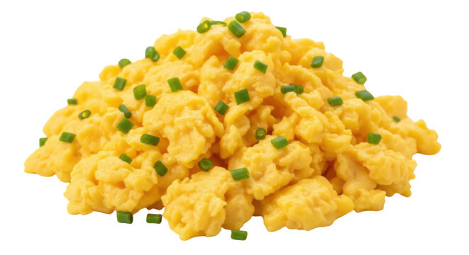Delicious scrambled eggs with chives isolated on transparent background PNG, breakfast food for restaurant menu and healthy eating