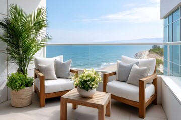 Obraz premium Ocean view balcony with modern patio furniture