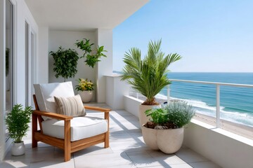 Fototapeta premium Modern balcony with ocean view and relaxing armchair