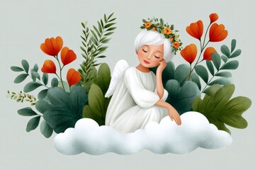 Naklejka premium Angel meditating on cloud surrounded by flowers