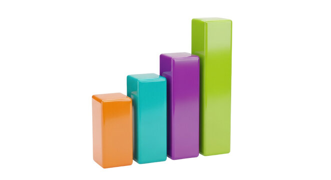 Colorful bar graph isolated PNG on transparent background, 3D rendering of business growth chart with orange turquoise purple and green columns