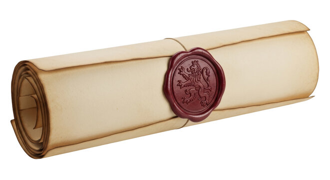Old parchment scroll with red wax seal isolated PNG, vintage paper roll with lion crest for medieval fantasy or historical document