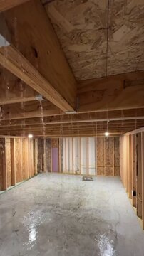 Unfinished basement room with exposed wood framing and ceiling joists showing leaking water and wet concrete slab during home renovation construction with moisture damage and repair