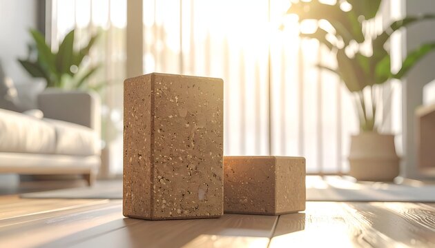 Two cork yoga blocks on wood floor, warm sunny light, blurred room background