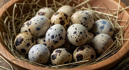 Obraz premium A rustic bowl filled with fresh quail eggs nestled in straw