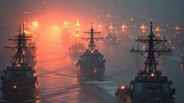 Fleet of Naval Destroyers in Formation During Navy Day Celebration at Sunset with Bright Lights and Smoke Effects
