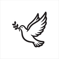 Obraz premium A black and white illustration of a dove flying with an olive branch in its beak, symbolizing peace.