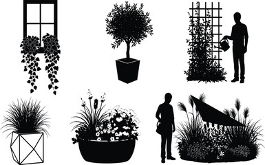 Collection of black gardening silhouettes featuring potted plants, window boxes, trellis with watering gardener, and modern landscape elements isolated on white background for design © MdGolam