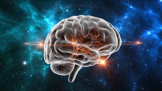 Brain Animation on Nebula Background Illustrating Neural Connections and Cognitive Processes, Suitable for Scientific