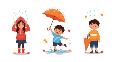 Fototapeta premium Three young children show different emotional reactions to rain with umbrellas and coats in a cute illustration.