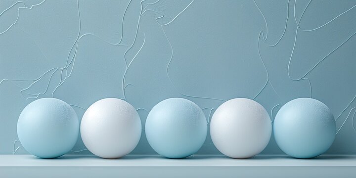 Five Smooth Pastel Balls on Minimalist Shelf