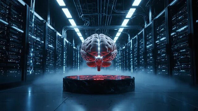 Brain Floating Above Server Rack With Glowing Base In A Dark Data Center Under Dramatic Lighting For Artificial
