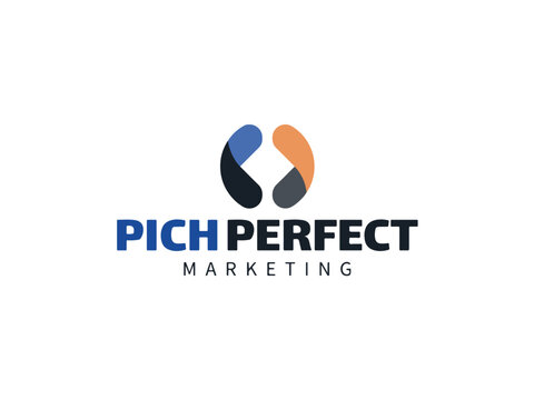 Professional and modern Pich Perfect Marketing logo design featuring abstract interconnected shapes in blue orange and gray colors suggesting synergy and partnership in branding