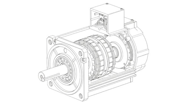 Cutaway Servo Motor Engineering Line Art Technical Drawing on White Background