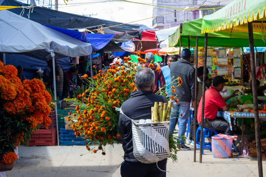 Se&ntilde;or comprando flores de cempasuchil para dia de muertos en tianguis de pueblo, mercado sobre ruedas rural en dia de plaza de chalcatongo oaxaca 