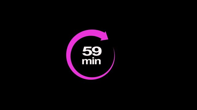 59 minute circle clock icon animation, circular arrow with 59 minute text animation. Digital and analog clock 59 minutes reminder 4k video motion graphic.